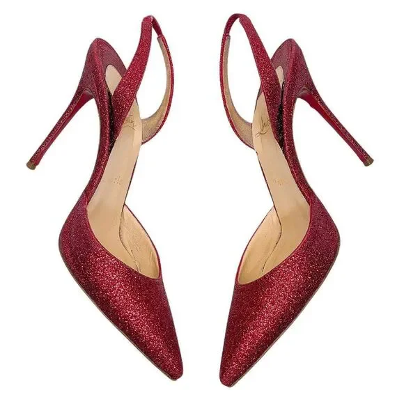 Christian Louboutin Ever 100 Red Glitter Slingback Heels EU 37.5 Sparkly Pumps - Picture 6 of 13